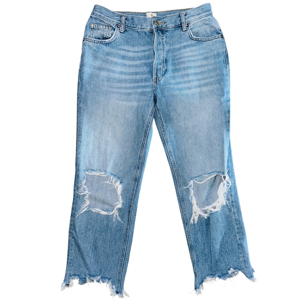 WB6 Free People Distressed Ripped Knee Frayed Hem Jeans Light Wash Denim 8